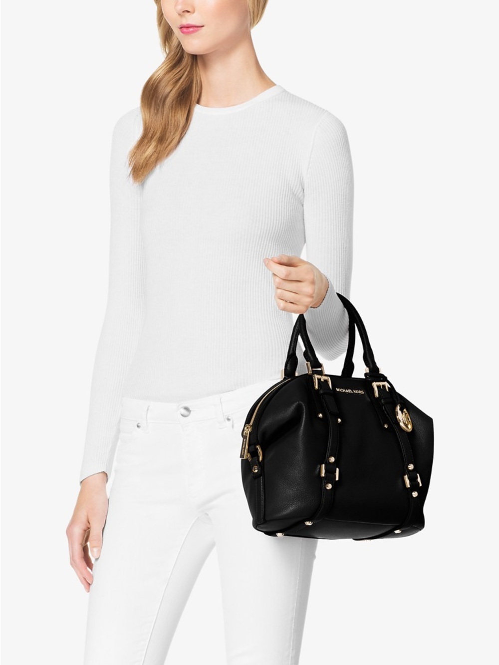 Michael Kors Black Leather Satchel with Gold Hardware